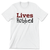 Unisex white tee with text "Lives Robbed", with the word "robbed" written in a child's handwriting.