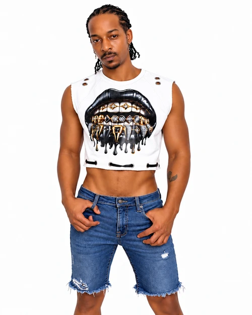 Bold. Confident. Sexy. Unapologetically APEEL.

Make an entrance in the APEEL Black Gold Drip Grommet Crop Top, a statement piece designed for men who aren't interested in blending in. This sleeveless cropped silhouette combines streetwear attitude with provocative fashion details for a look that commands attention.

The front features an oversized black-and-gold dripping lips graphic with metallic-inspired detailing for a high-impact luxury aesthetic. Premium metal grommets accent the shoulders and lower hem, while black lace-up detailing along the cropped edge gives the piece an edgy, customizable finish.

Raw-cut sleeveless edges and the shortened silhouette create a confident, body-conscious look that's perfect for showing off your physique. The back is finished with distinctive APEEL Collection branding, making the design recognizable from every angle.

Pair it with fitted denim, leather pants, shorts, or your favorite APEEL underwear for a bold festival, nightlife, Pride, vacation, or streetwear look.

Design Details: Sleeveless cropped silhouette • Statement black-and-gold lips graphic • Premium metal grommet accents • Black lace-up hem detailing • Raw-edge styling • APEEL Collection back branding • Designed for bold, confident styling

Style: Men's Designer Crop Top / Streetwear / Festival Fashion / Pride Fashion / Clubwear