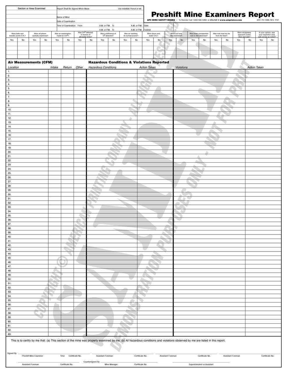 APC PC-1489: Daily and On-Shift Report & Pre-Shift Mine Examiners
