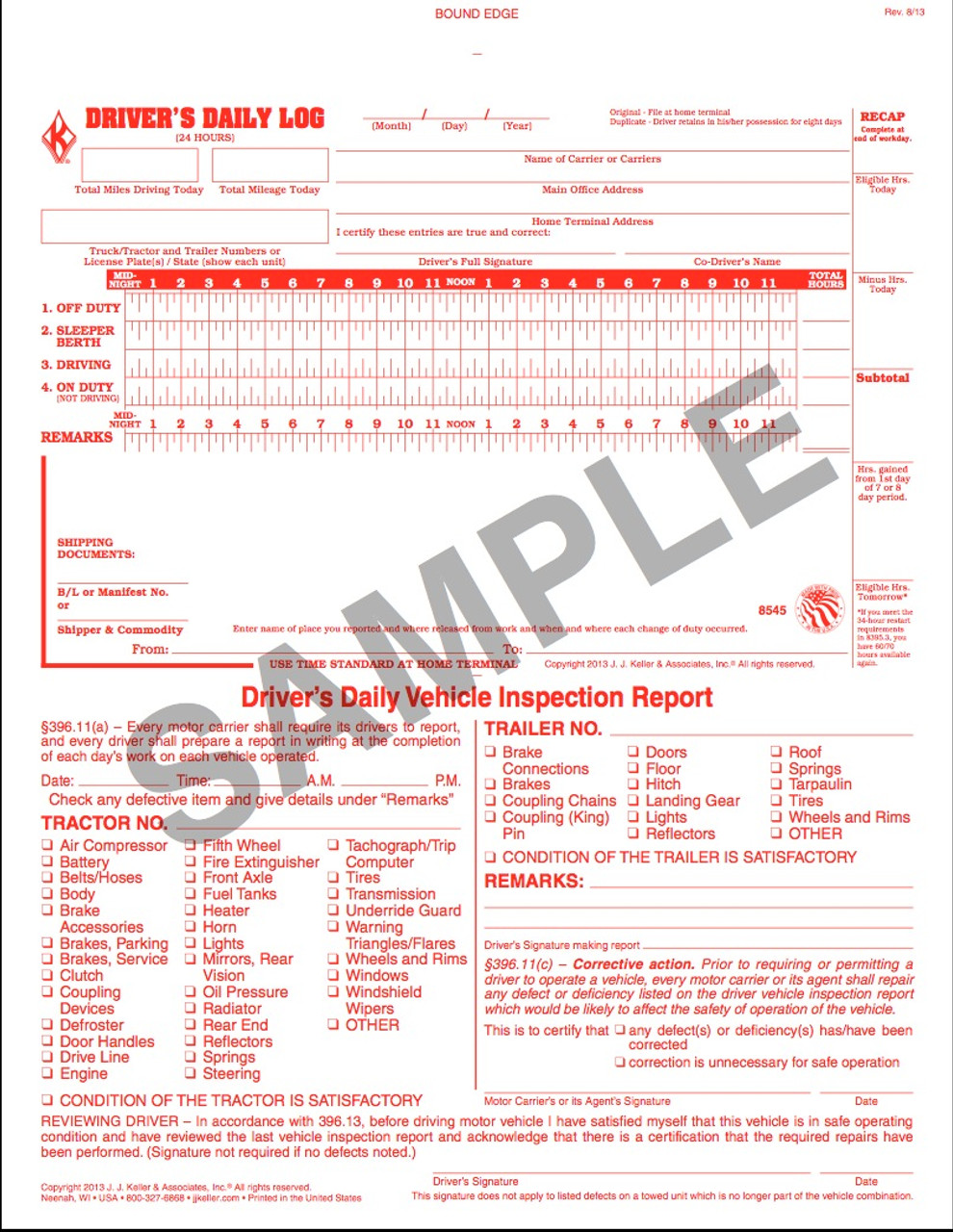 8545 (717-L) Driver's Daily Log Book w/Detailed DVIR 2-In-1