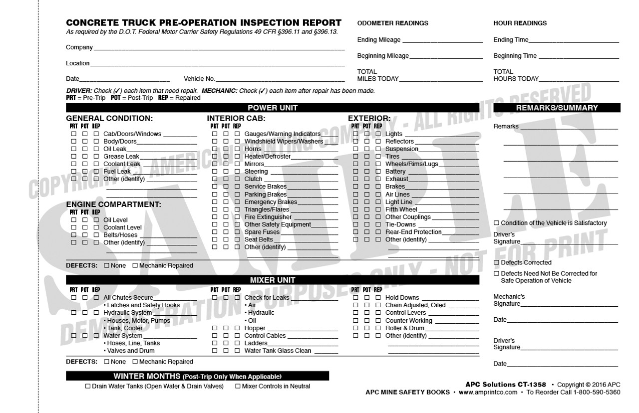 apc ct 1358 concrete truck pre operation inspection checklist defect checklist template