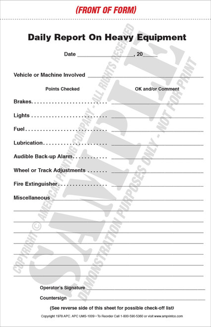 APC UMS-1009: Heavy Equipment Daily Report & Service Record | Heavy Equipment Inspection Checklist — Form View, Front