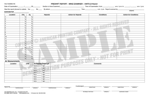 APC 20087835: Pre-shift On-shift Examiner's Report, (Revised 7/2014) – Left Side Page: Preshift Report