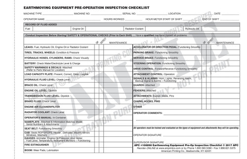 Earthmoving Equipment Checklist Form