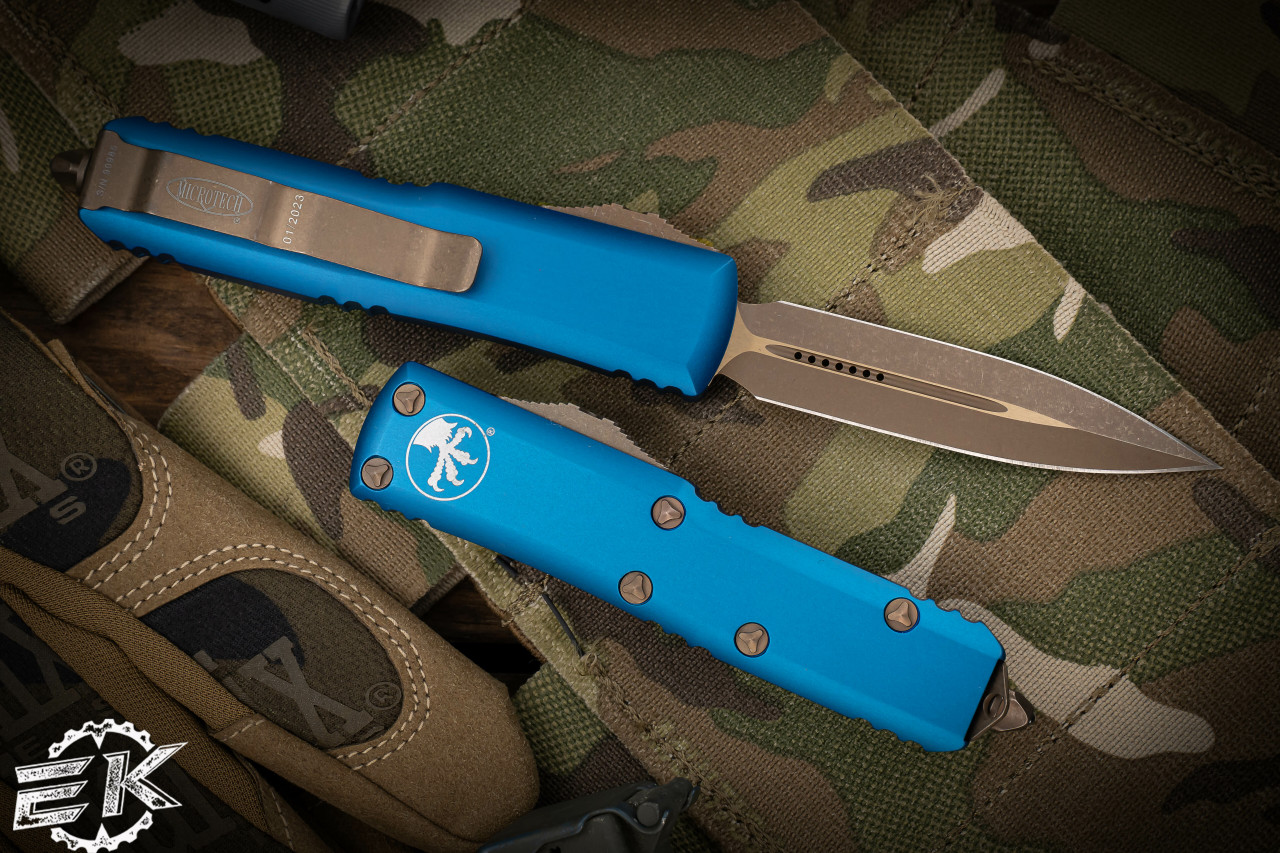 Microtech UTX-85 OTF Automatic Knife Blue 3.1" Dagger Bronze ...