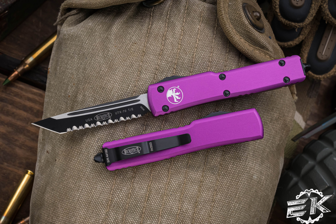 Microtech UTX70 OTF Automatic Knife Violet 2.4" Tanto Serrated Black