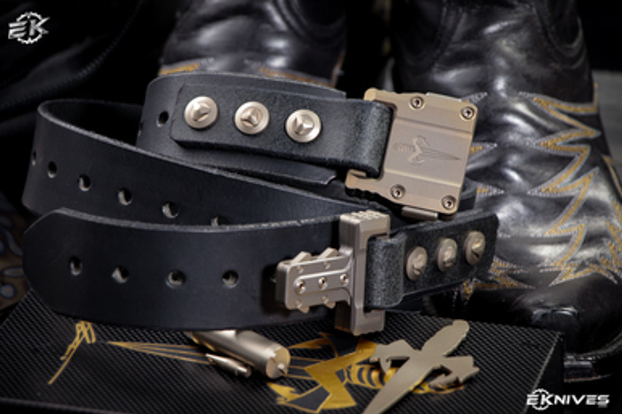 Marfione Custom Knives APIS Leather Belt @ SRKT Distressed Dark Brown Water  Buffalo Leather Bronze Titanium Buckle & Hardware