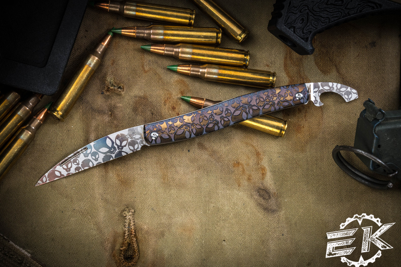 D Rocket Designs Serpentine Alien Skulls Titanium Slipjoint Knife