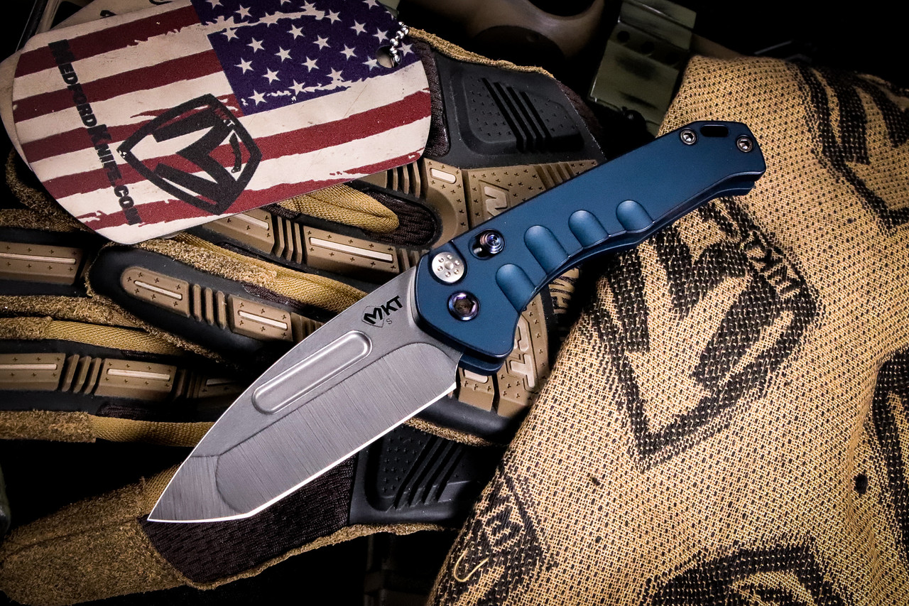 Medford Praetorian Swift Auto Knife Blue w/ Flamed HW, Clip 3.3