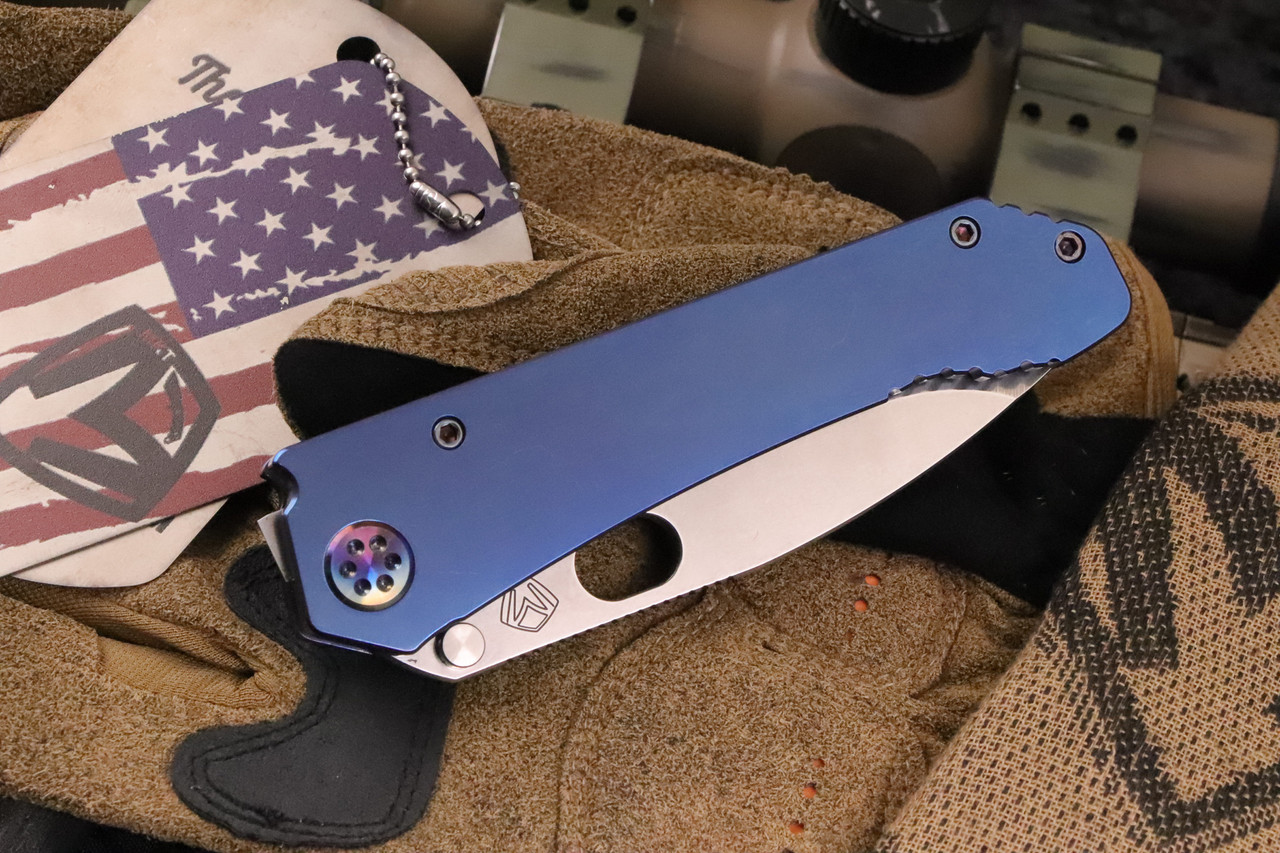Medford 187 DP Folding Knife Blue Titanium w/ Flamed HW, Clip 3.75