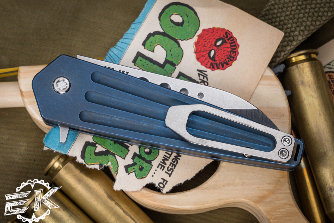 Medford Nosferatu Flipper Button Lock Knife Blue Titanium 3.5