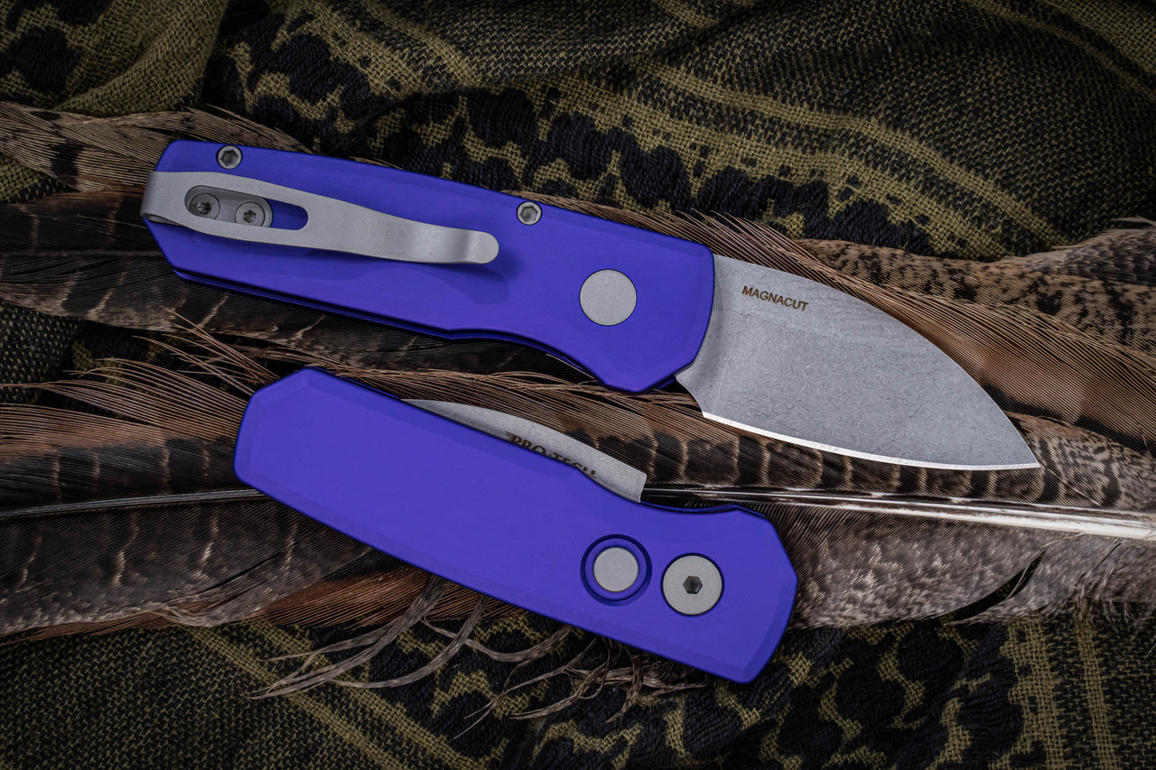 Protech Runt 5 R5401-PURPLE Solid Purple Handle 1.9 Stonewash MAGNACUT  Reverse Tanto Blade Automatic Knife