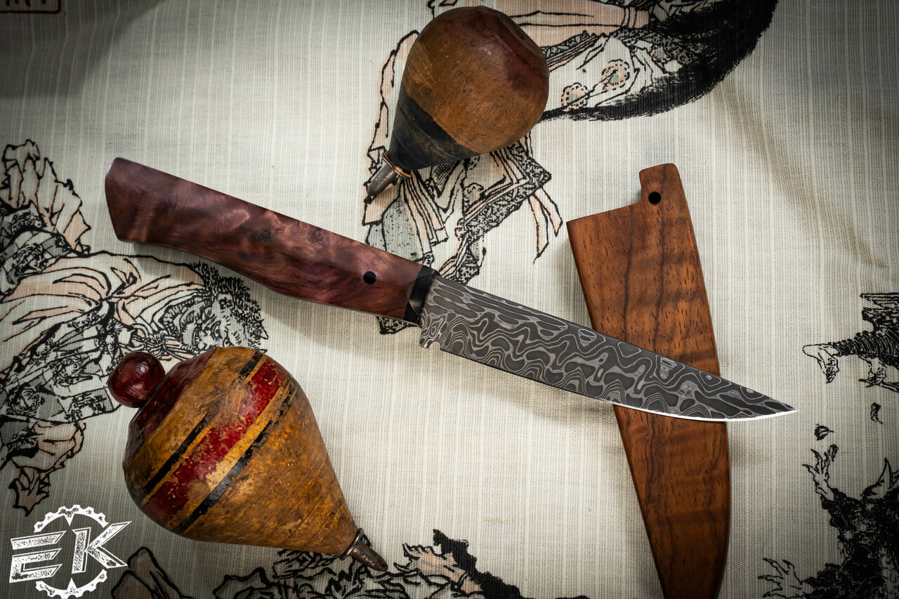 Farias Knives Custom Chef Cutlery Knife-Hawaiian Koa Handle 9.25 Bakers  Forge Damascus - EKnives LLC