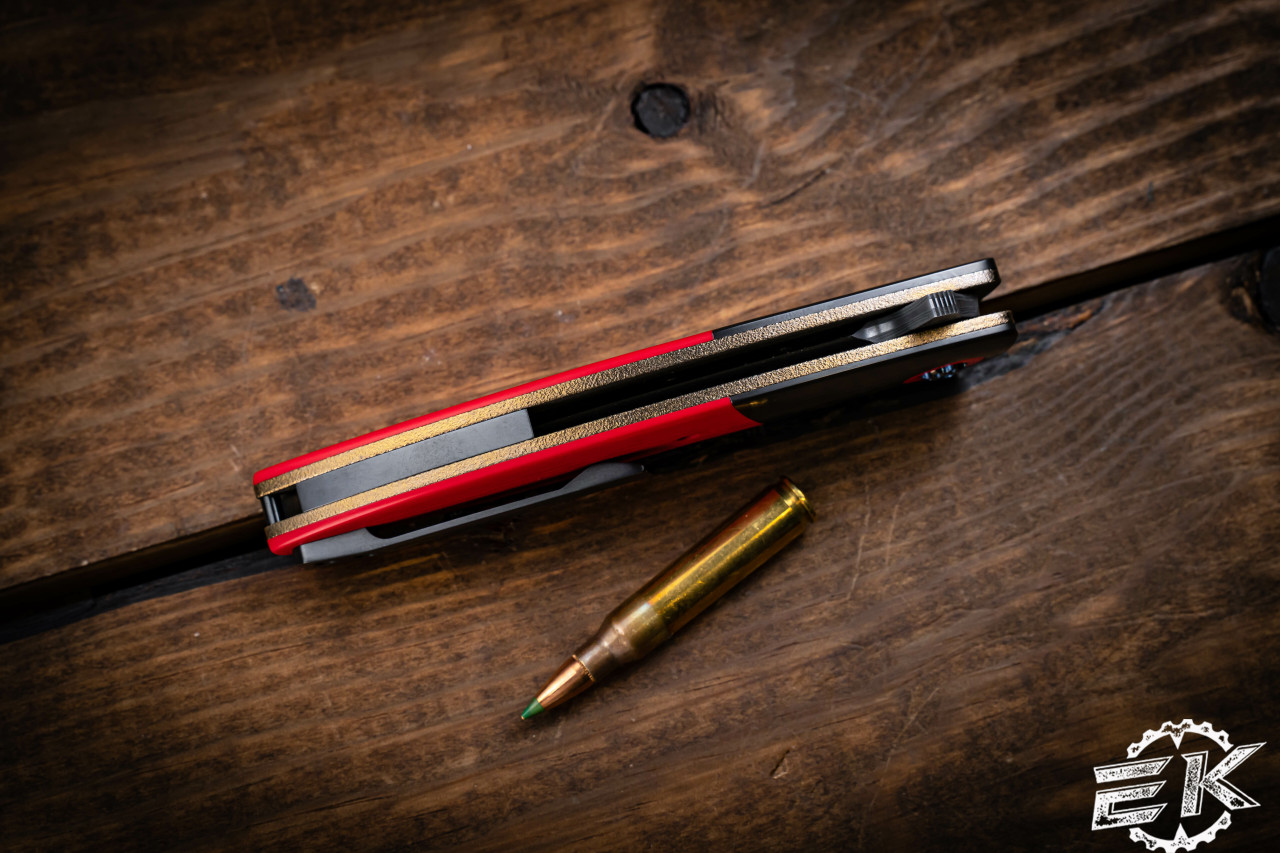 Kirby Lambert Cutlass Red Carboquartz Scales, Zirc Bolsters, 3.5" San Mai