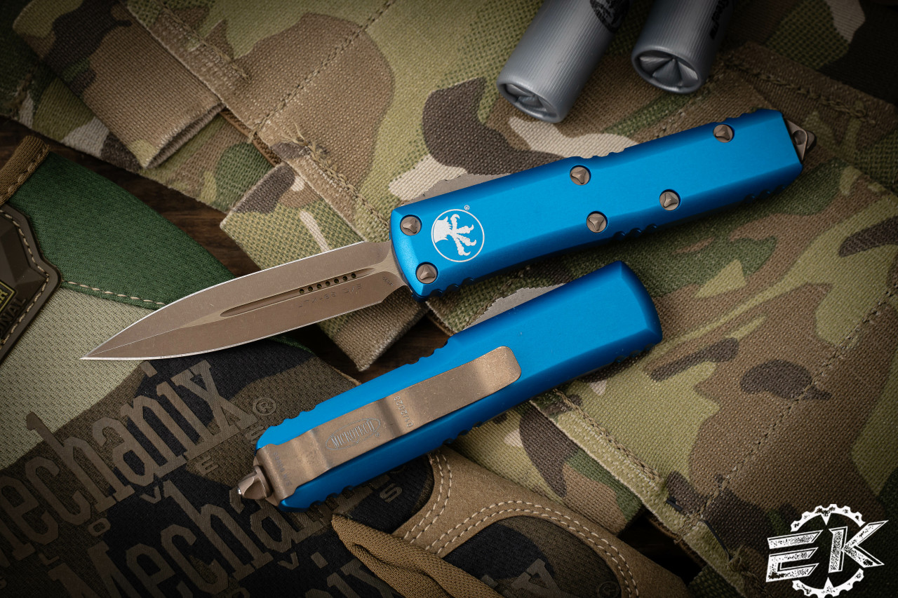 Microtech UTX-85 OTF Automatic Knife Blue 3.1" Dagger Bronze ...