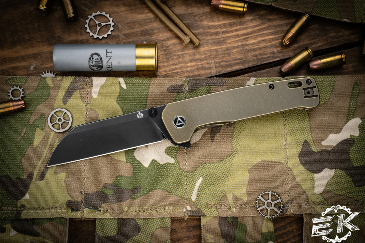 QSP Knives Penguin Plus Flipper Knife Bronze Titanium Stonewash 3.375" CPM- 20CV Black Stonewashed Sheepsfoot - QS130XL-