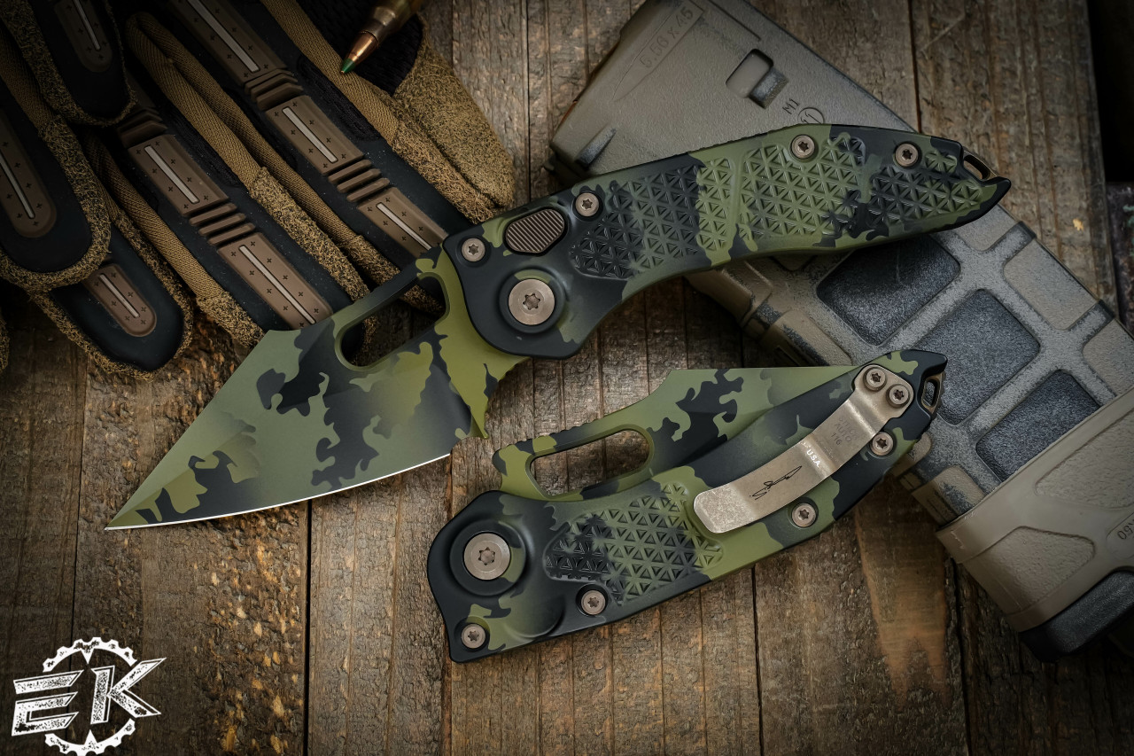 Microtech/Borka Blades Stitch OD Green Camo Automatic Knife Bronze