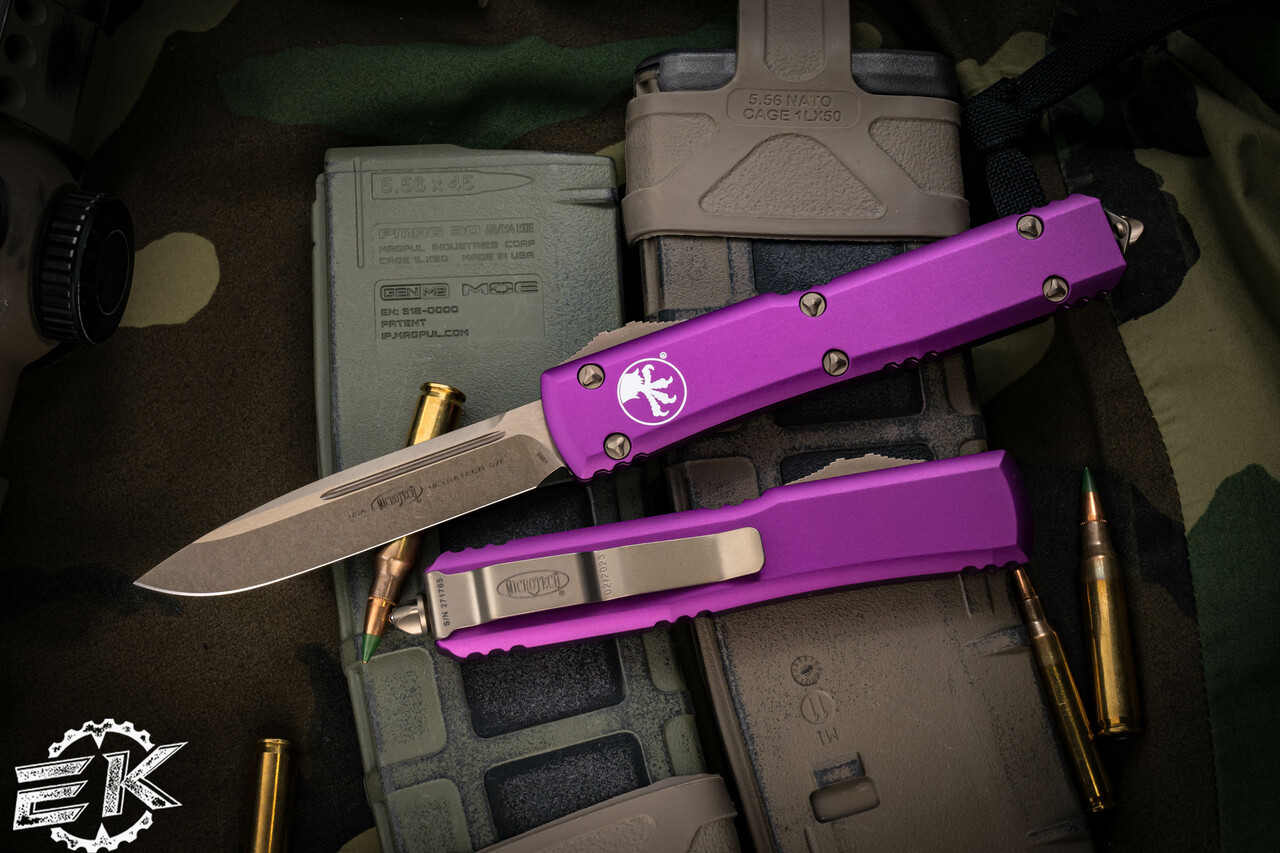 Microtech Purple Exocet OTF Auto Knife, Black Blade