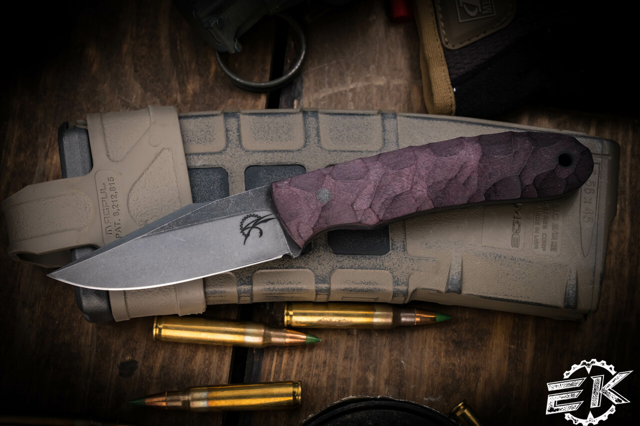 Jason Knight Forge Studio Jurassic Bird and Trout Fixed Blade Jade Opal G10  2.95 80CrV2 Acid Wash - Custom Knives
