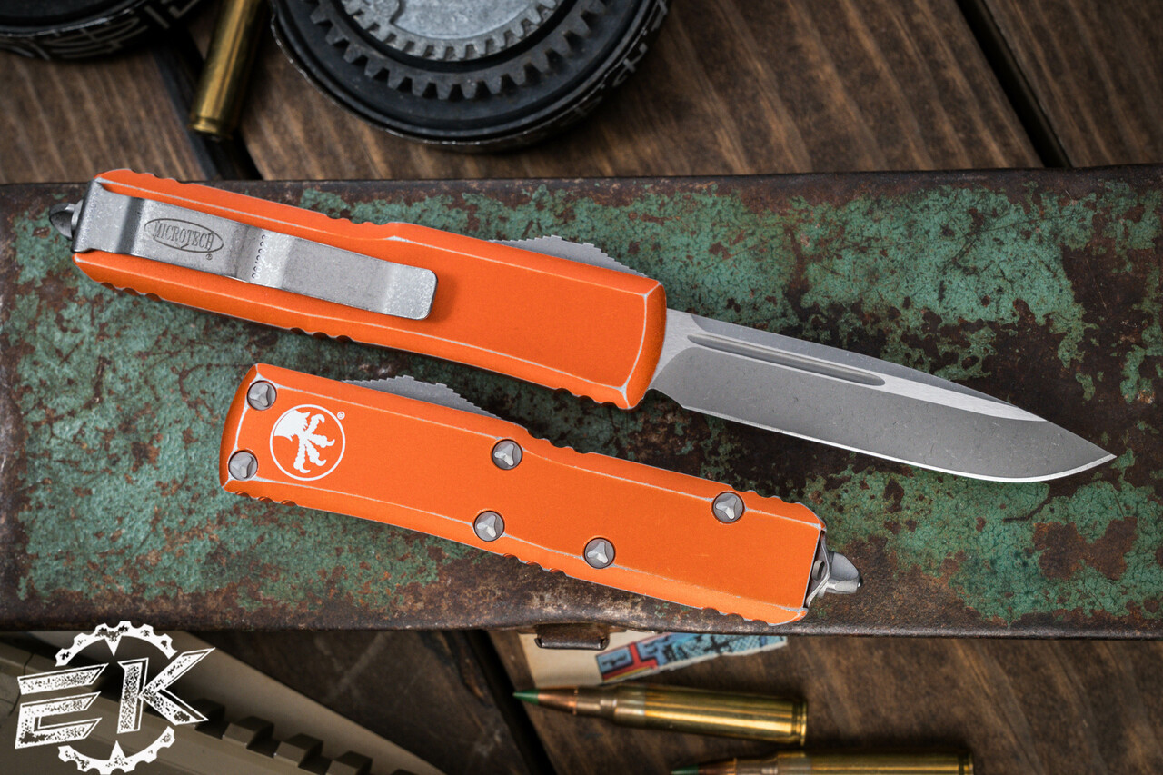 Microtech Ut85 Drop Microtech UTX-85 OTF Automatic Knife Distressed Orange 3.1