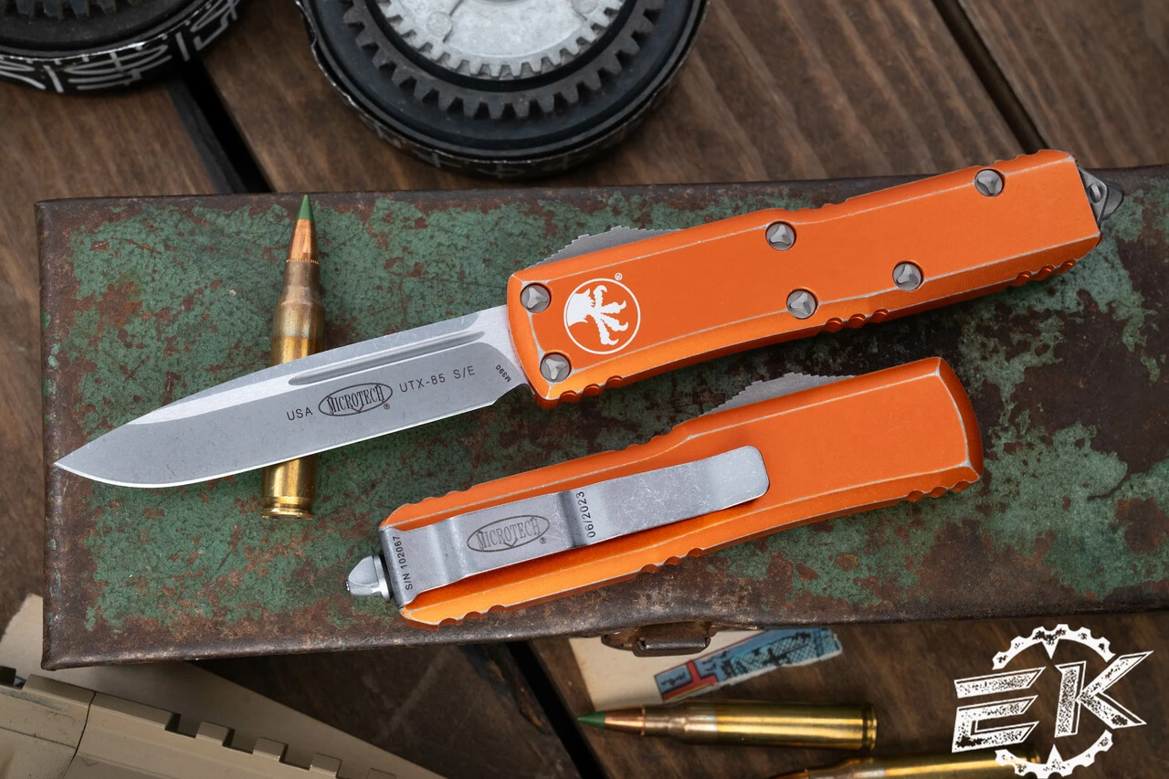 Microtech Ut85 Drop Microtech UTX-85 OTF Automatic Knife Distressed Orange 3.1