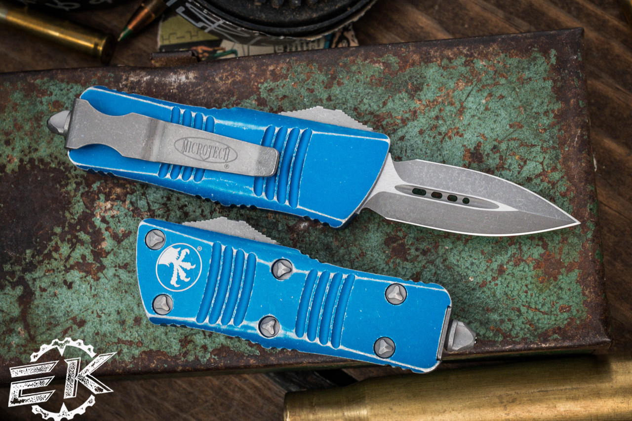 Microtech Troodon Mini OTF Automatic Knife Distressed Blue 1.9" Dagger ...