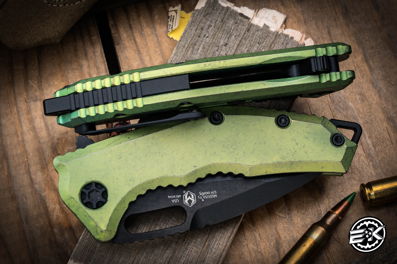 Heretic Knives Medusa Manual Folding Knife Antique Green Titanium