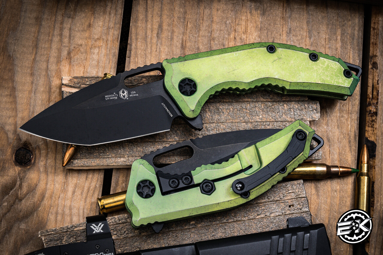 Heretic Knives Medusa Manual Folding Knife Antique Green Titanium
