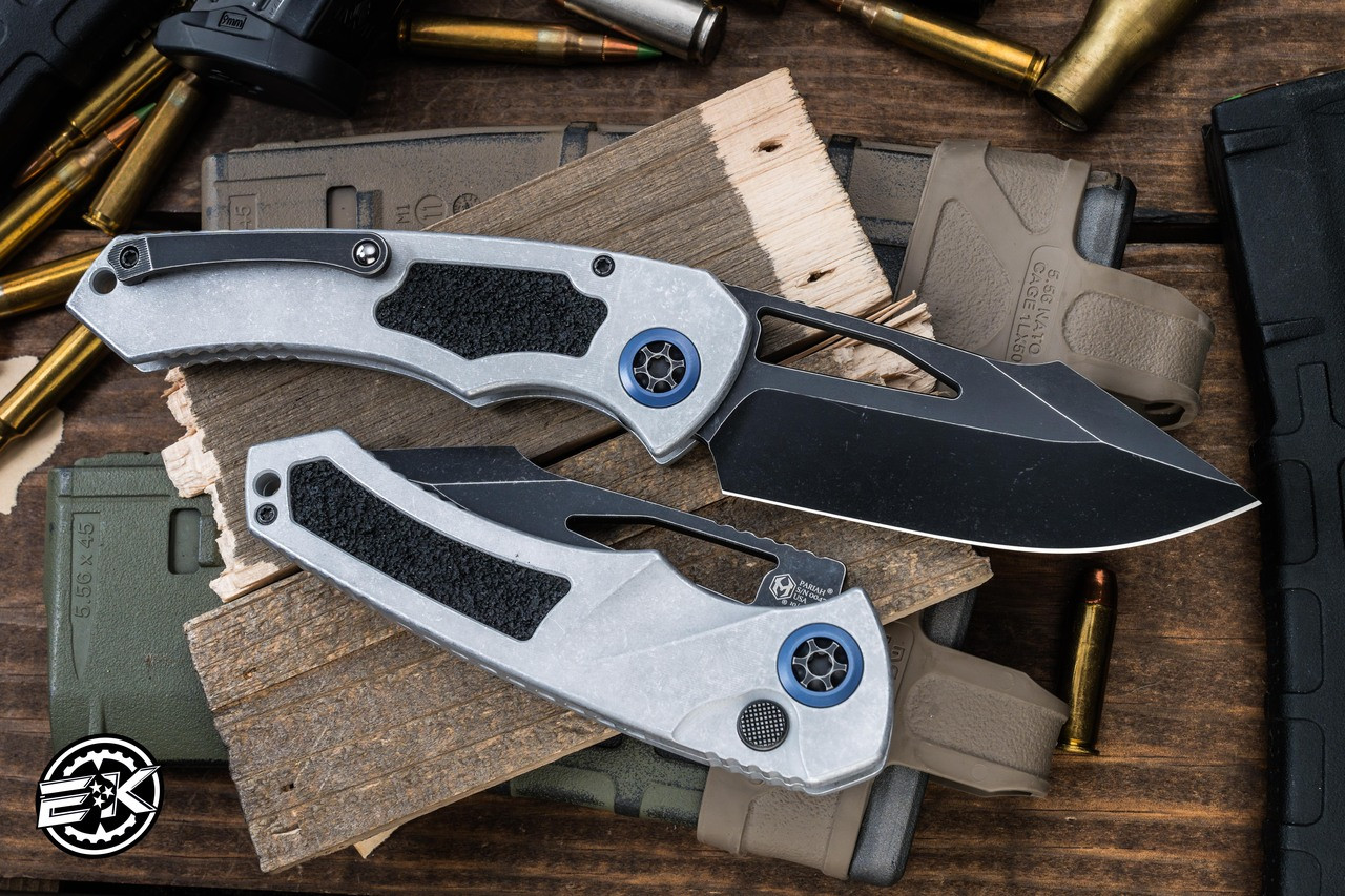 Heretic Knives Pariah Manual Button Lock Blizzard Worn Aluminum