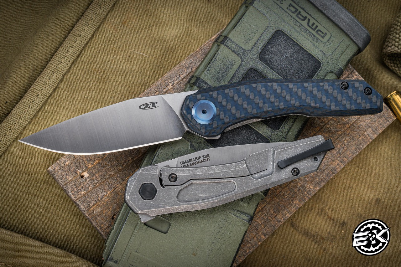 Zero Tolerance 0545 Flipper Knife Blue/Gray Carbon Fiber Titanium