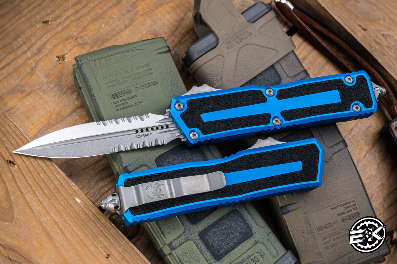 Microtech Scarab II Gen III OTF Automatic Knife Blue Aluminum 4" M390 ...