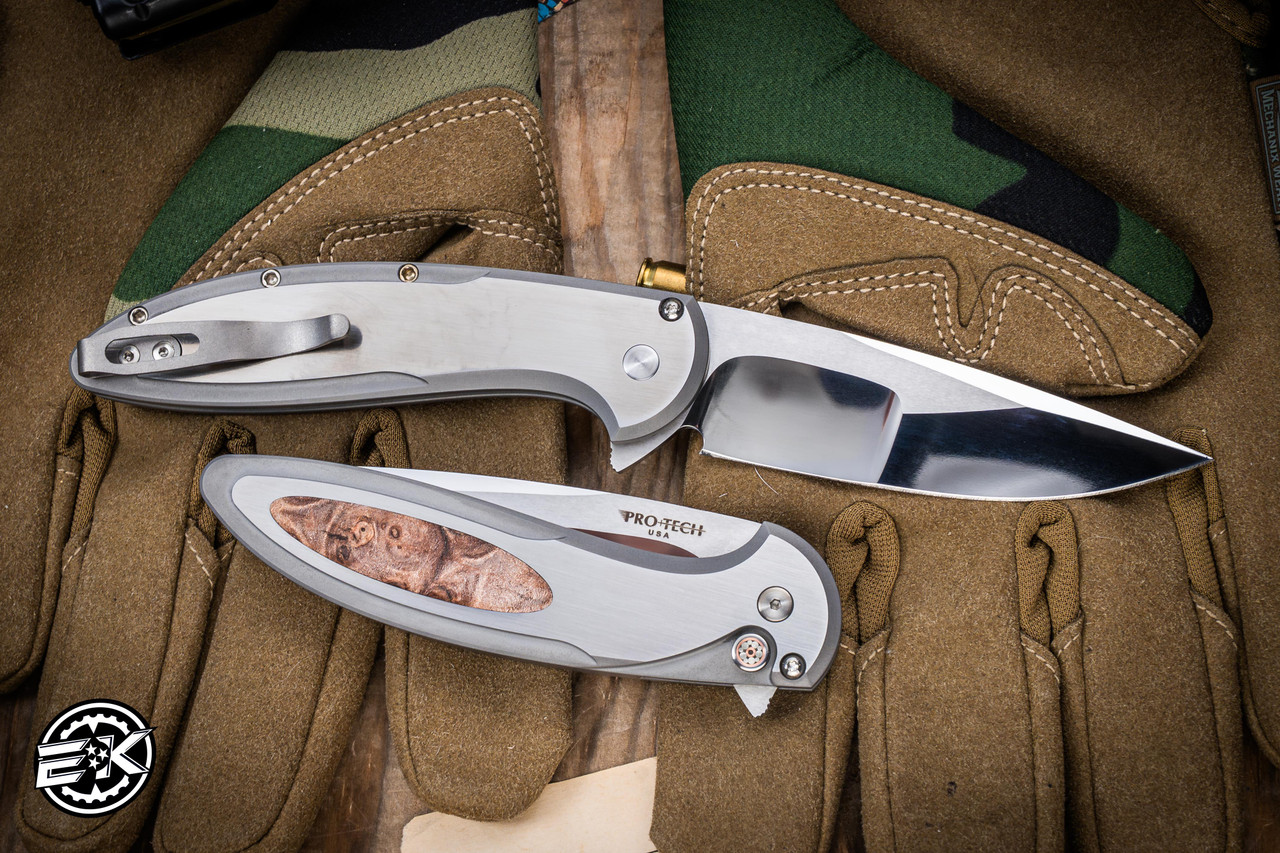ProTech Cambria Custom Flipper Knife Stainless Steel w/ Maple Burl