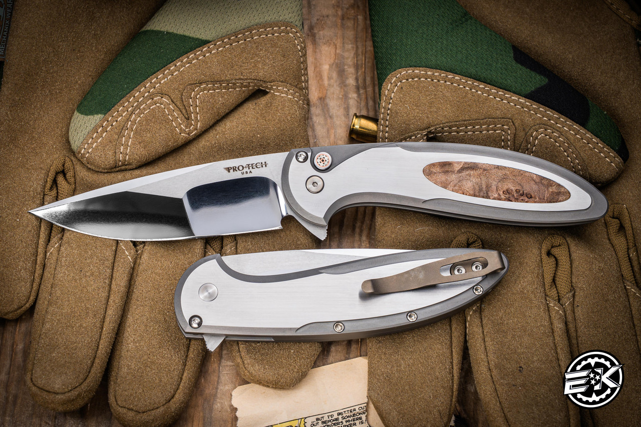 Billlie シーグリ　everline エバラ 対面　ツキ ProTech Cambria Custom Flipper Knife Stainless Steel w/ Maple Burl