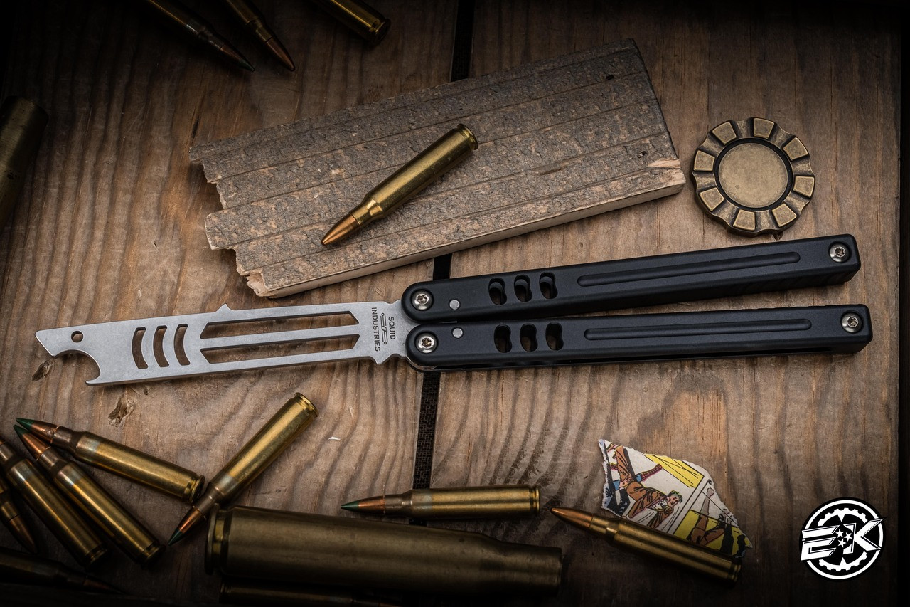 Squid Industries Mako V5 Bottle Opener Balisong Black Aluminum