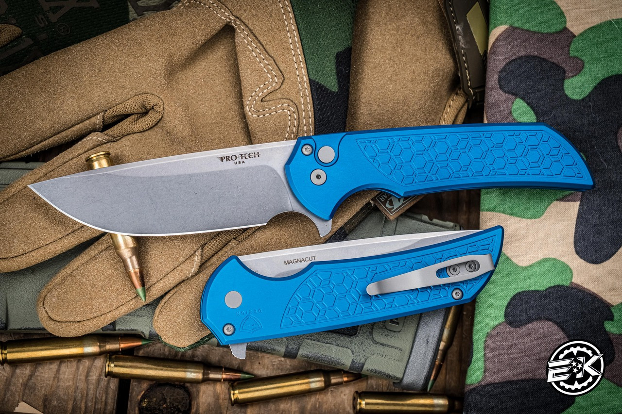 ProTech Mordax Manual Flipper Knife Blue Gridlock Texture 3.75