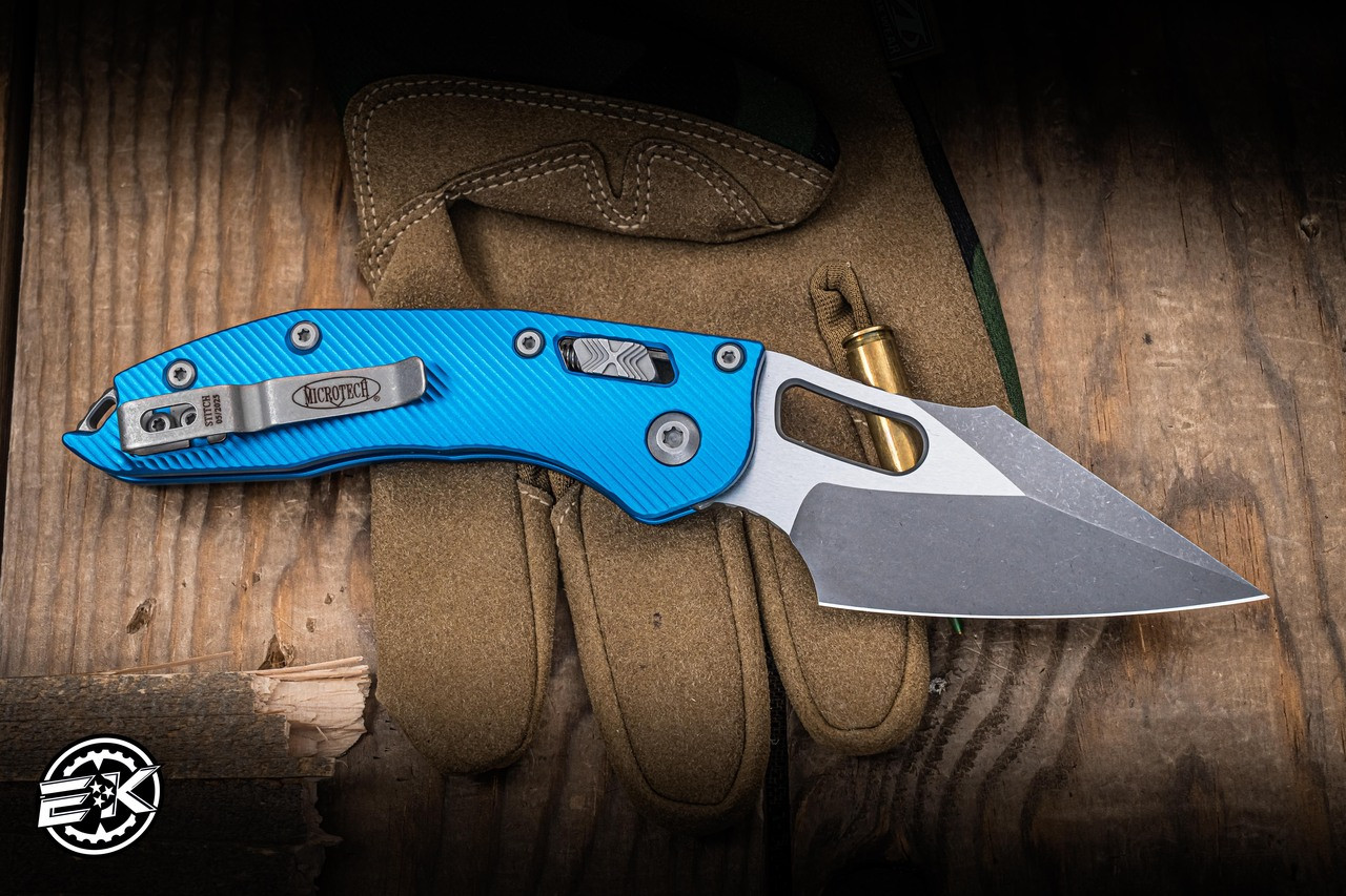 Microtech Stitch Ram-Lok Manual Folder Blue Fluted Aluminum 3.75 Microtech Stitch Ram-Lok Manual Folder Blue Fluted Aluminum 3.75