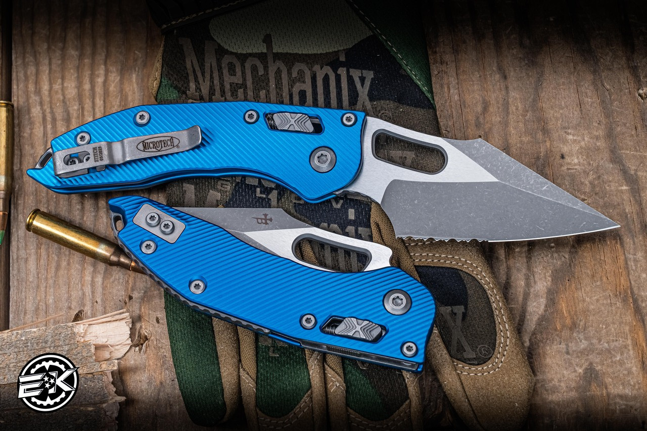 Microtech Stitch Ram-Lok Manual Folder Blue Fluted Aluminum 3.75 Microtech Stitch Ram-Lok Manual Folder Blue Fluted Aluminum 3.75
