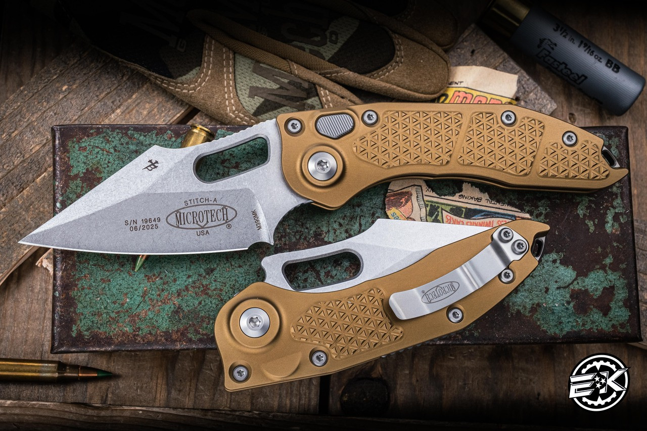 ちーも　 Microtech x Borka Stitch Automatic Folding Knife Tan 3.75