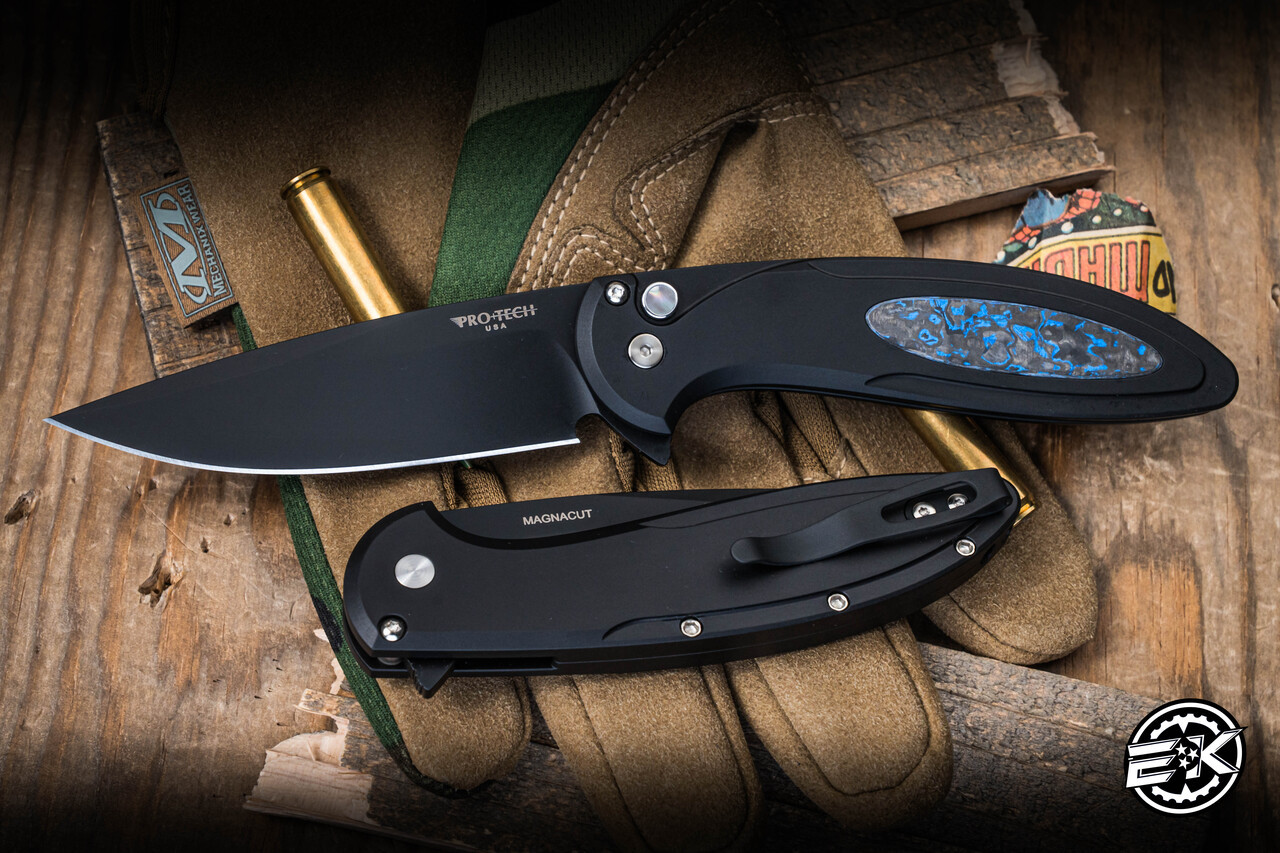 Pro-Tech Cambria Flipper Black Aluminum Techno Carbon Blue Inlay