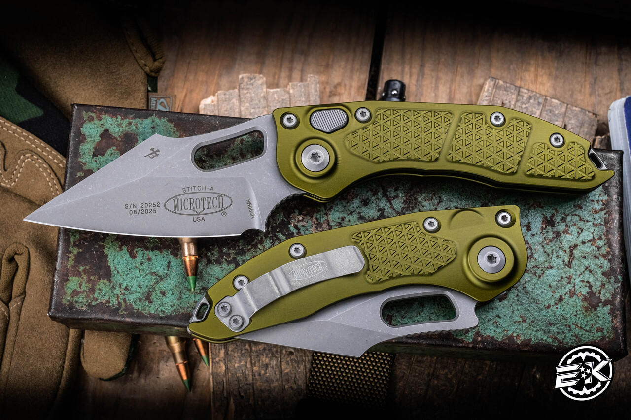 【stina・新品未使用M】type Idrop/olivecheck Microtech Stitch Automatic Folding Knife OD Green 3.75