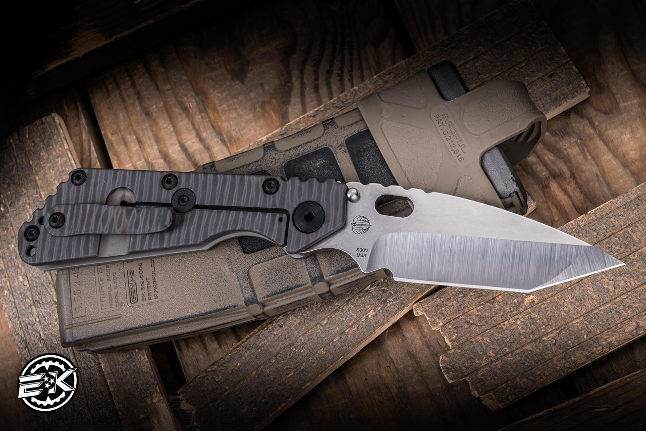 Mick Strider Knives SMF OD Green Aluminum Flag Engraved-Flamed