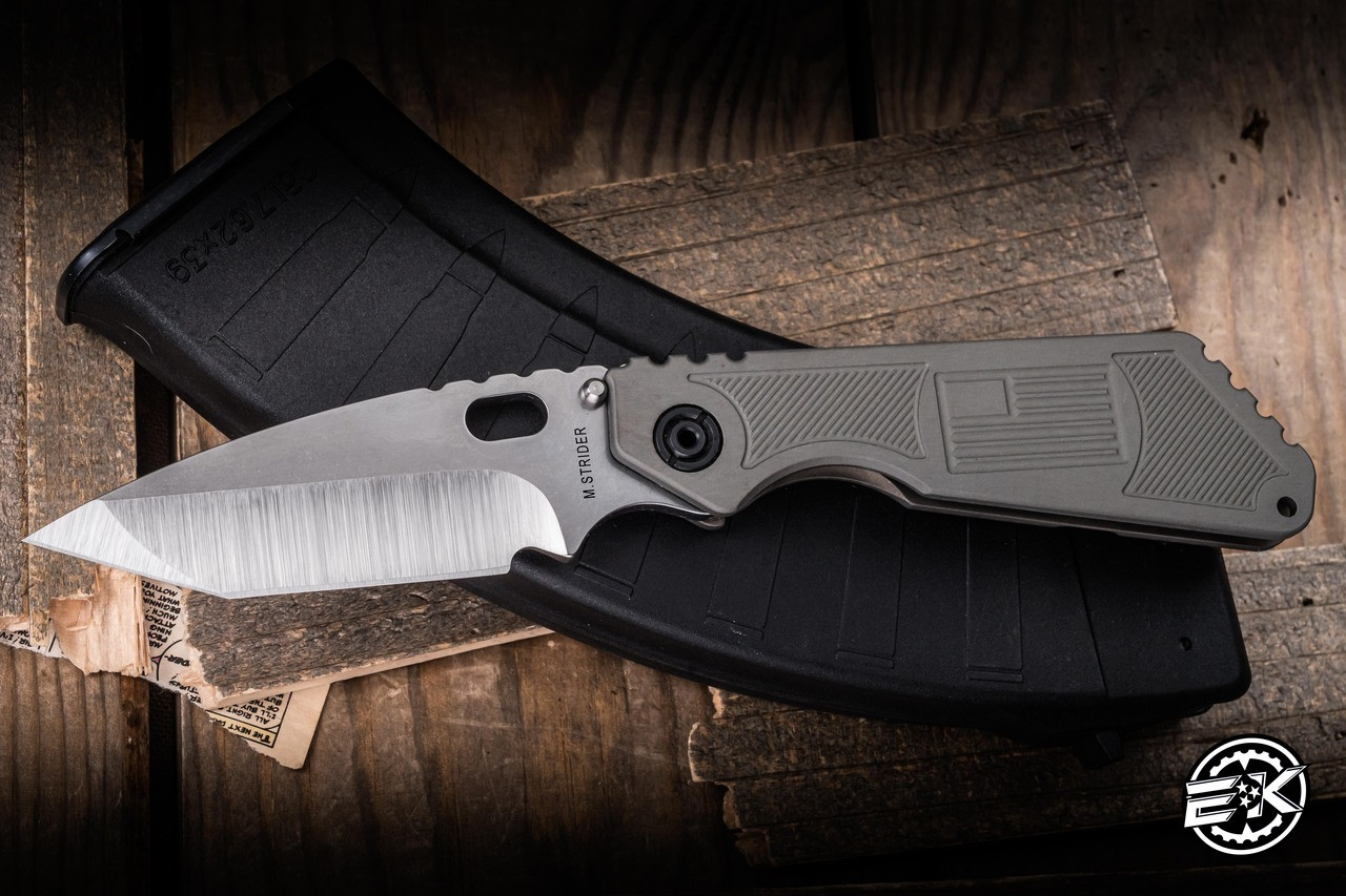 Mick Strider Knives SMF OD Green Aluminum Flag Engraved-Flamed
