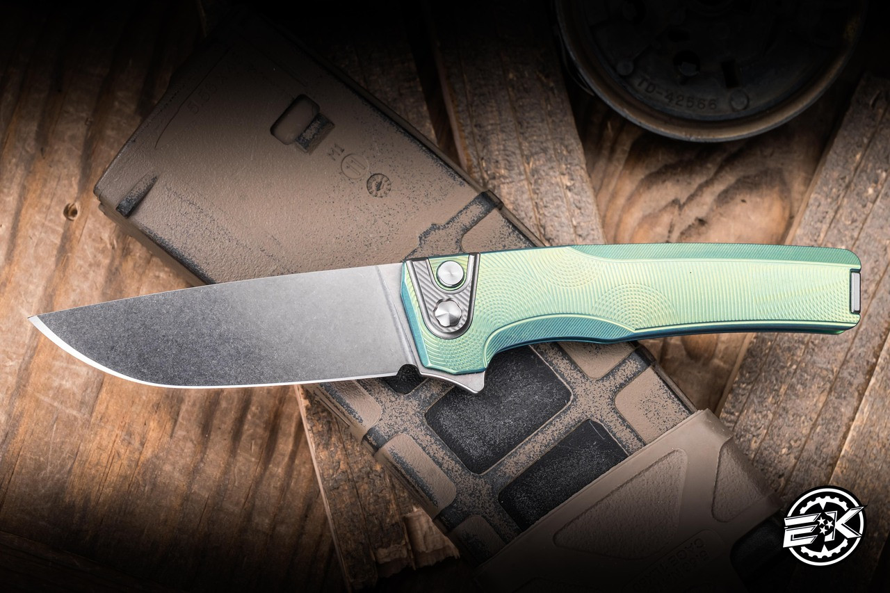 MachineWise Sonora Button Lock Folding Knife Green Ripple Titanium