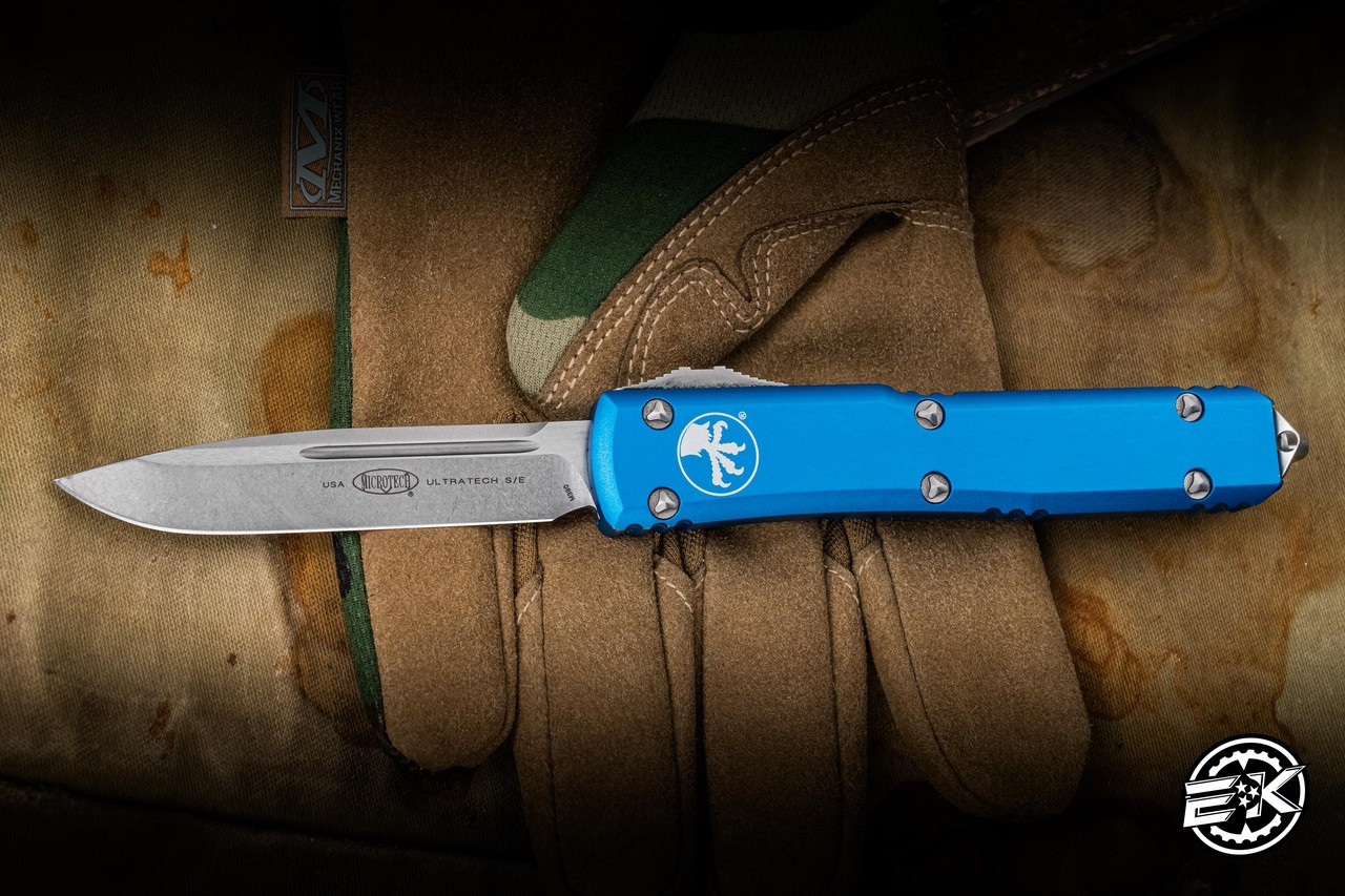 PreOwned-Microtech Ultratech Blue OTF 3.4" M390 Drop Point Stonewash ...