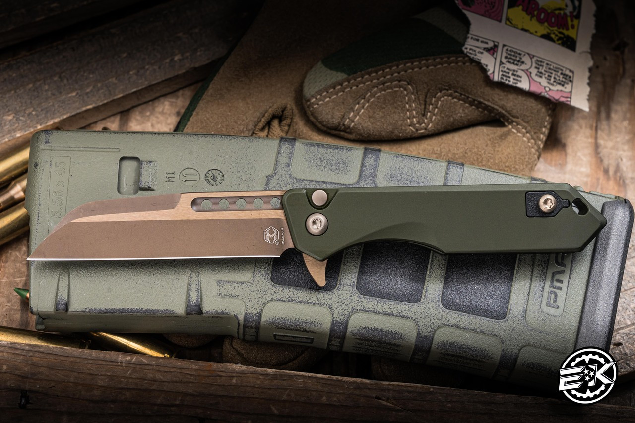 Heretic Knives Jinn Button Lock Flipper Knife OD Green Aluminum 3