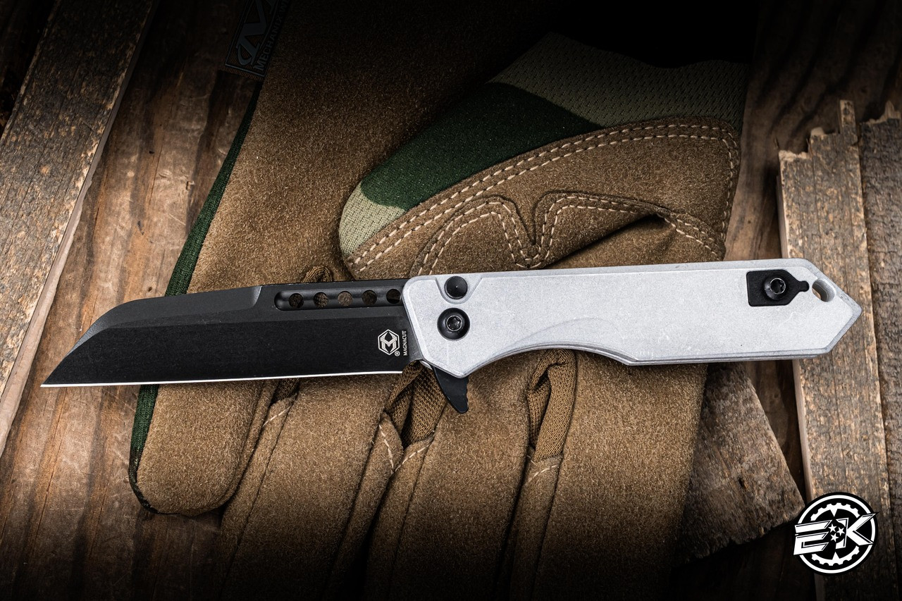 Heretic Knives Jinn Button Lock Flipper Knife Blizzard Worn