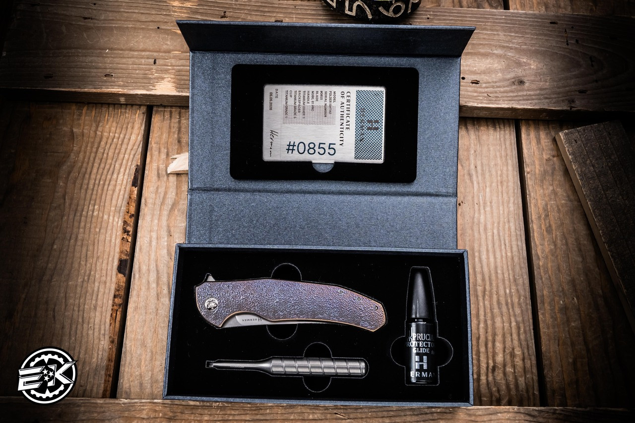 Herman Custom Knives Ishtar Purple Hammered Titanium 3.74