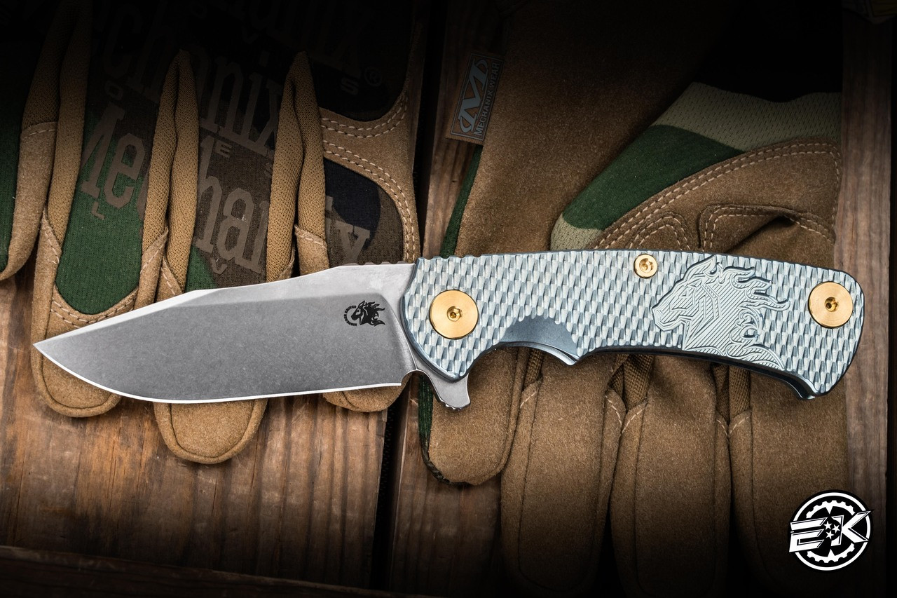 Rick Hinderer Knives Project X Flipper Ice Blue Titanium Horsehead