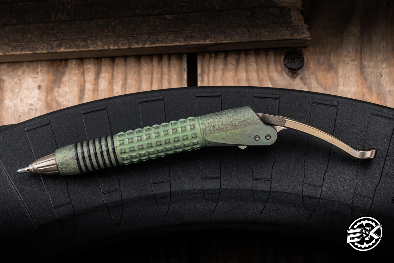 Microtech/Marfione Custom Siphon II Pen Antique Green Frag Titanium