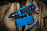 Microtech Exocet OTF Money Clip Knife Cali Legal Blue 1.9" Dagger Black 157-1BL